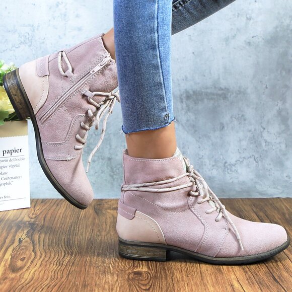 Women's Dusty Pink Genuine Leather Suede Ankle Lace Bootie with Side Zipper - Picture 3 of 9